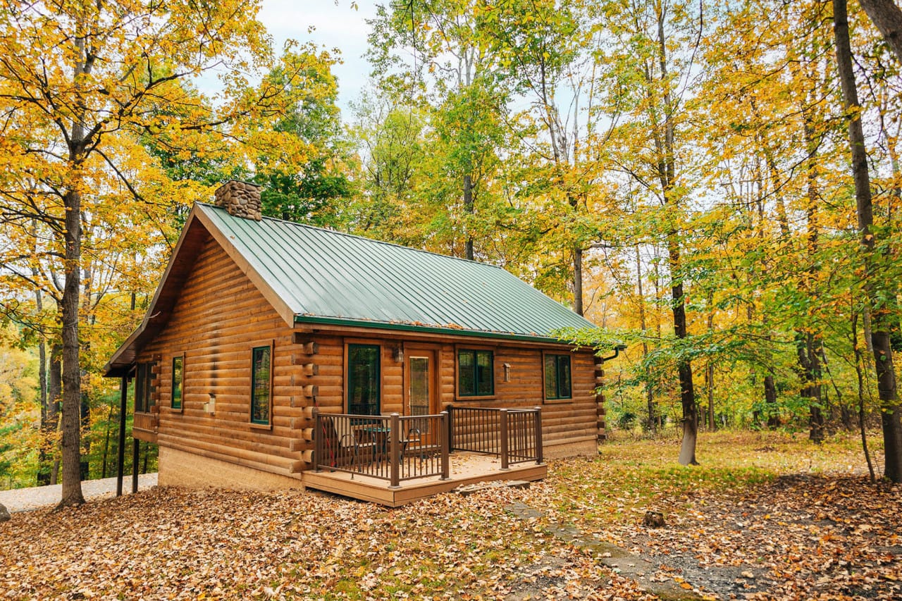 A secluded cabin in the golden autumn woods at Ferngully Creek in Ohio's Amish Country