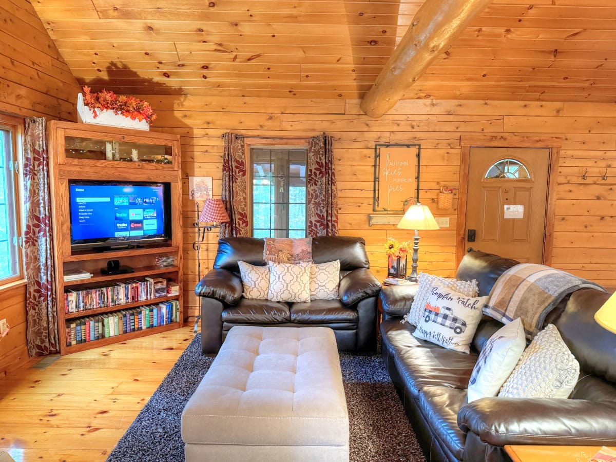 Warm knotty-pine living room with a smart TV inside Cicada's Song Cabin at Ferngully Creek